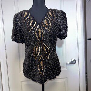 Vintage Stenay Black & Gold Beaded Silk Evening Top – Size Small